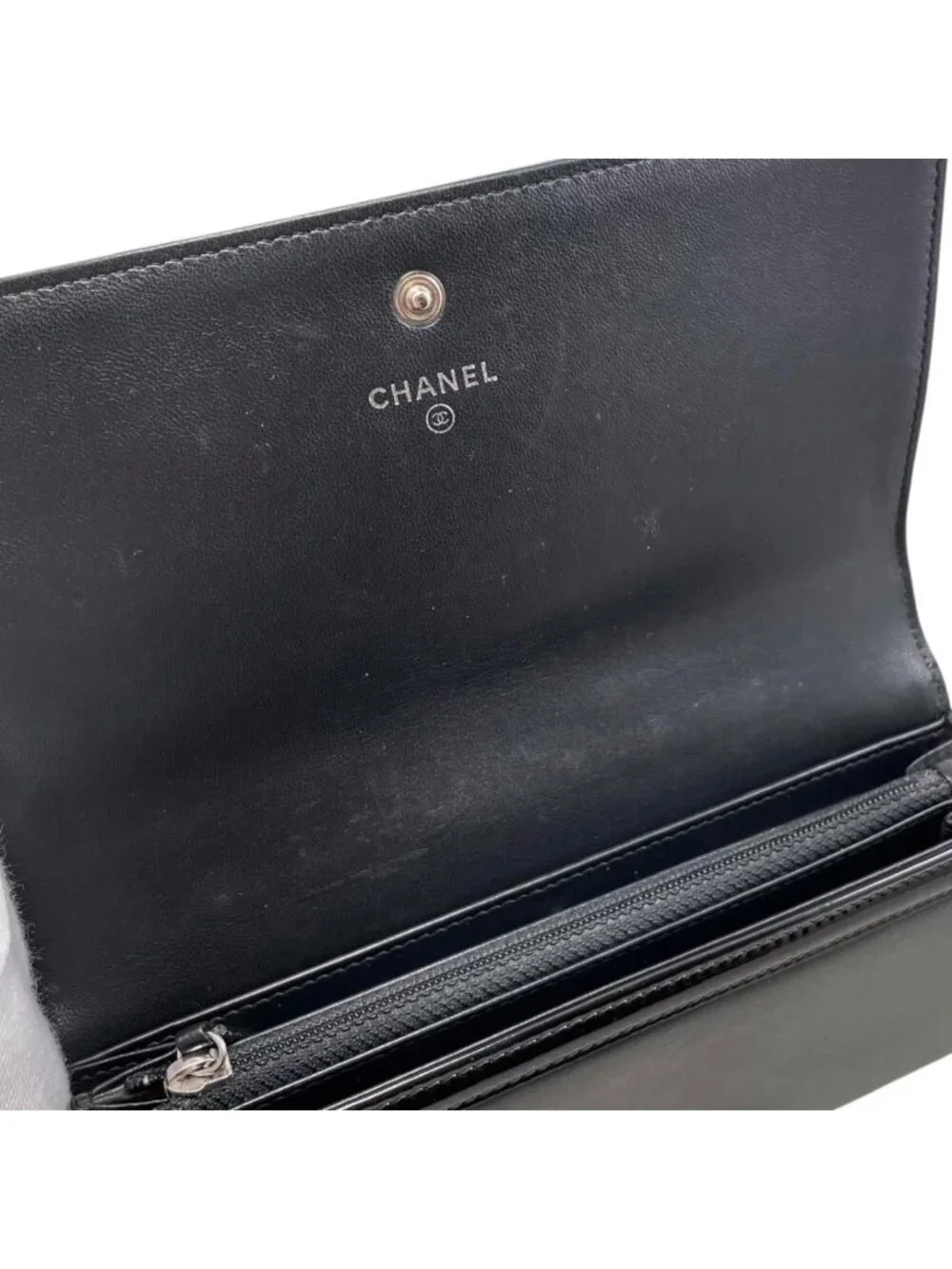 Chanel Bifold Wallet Enamel CC Logo Leather Black Silver